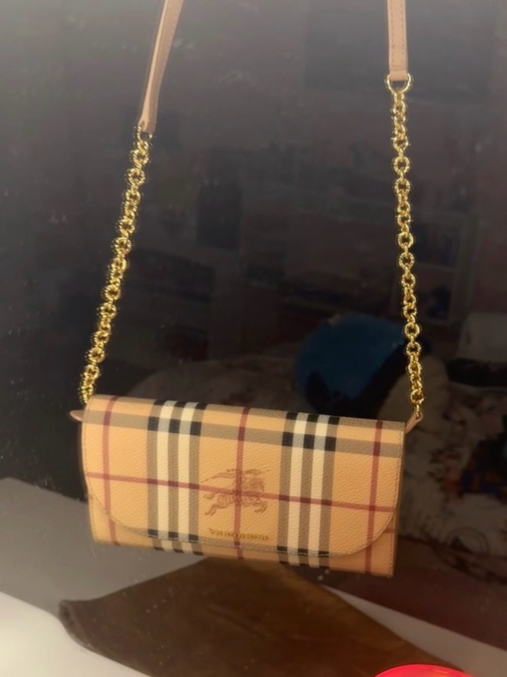 Burberry Pink Beige Check Leather Crossbody with Gold Chain - Picture 2 of 5